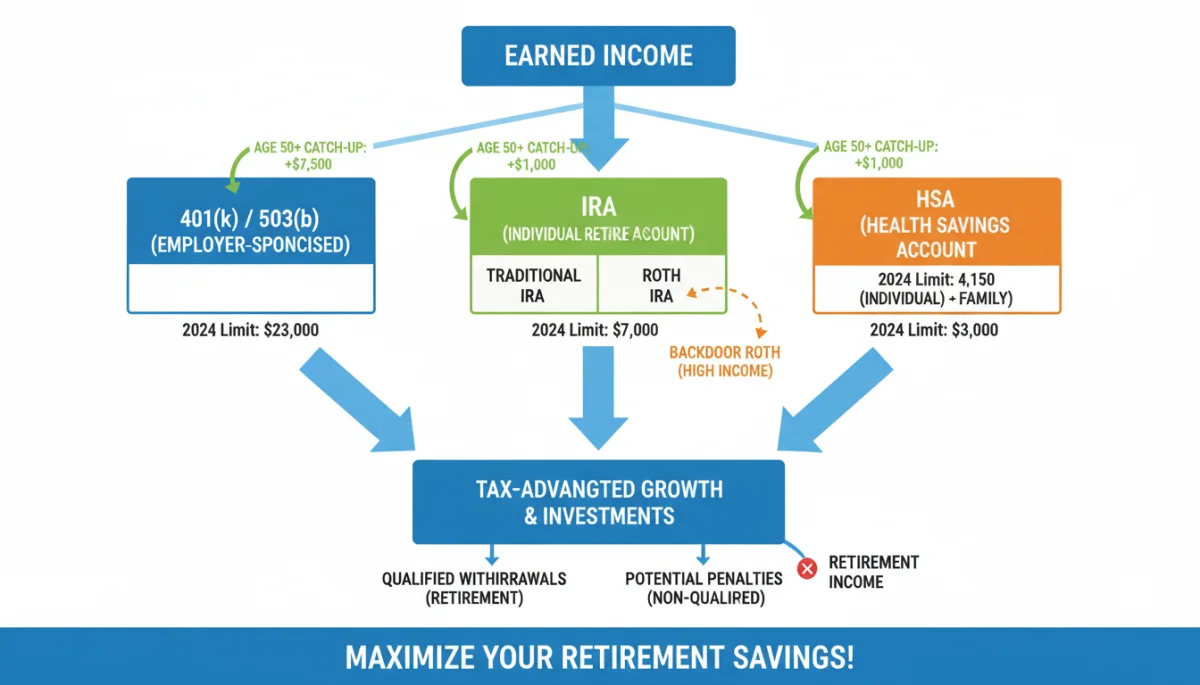Infographic showing various retirement contribution strategies and limits