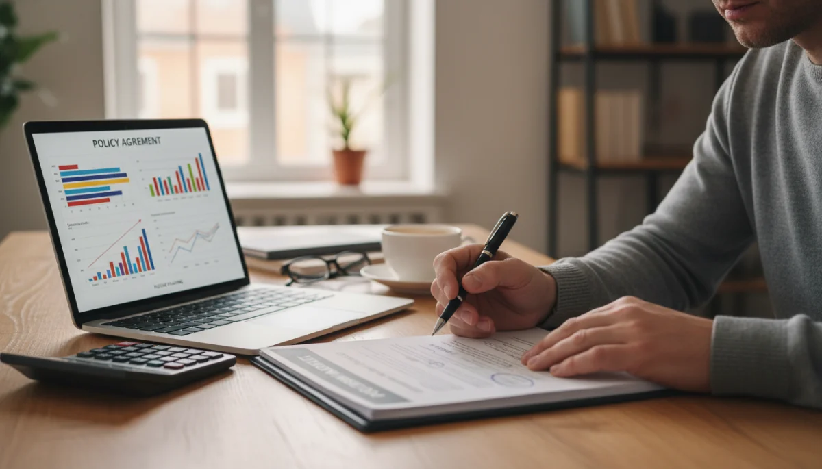 Person reviewing life insurance policy and financial documents