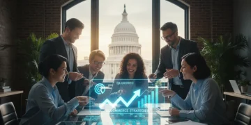 Small business owners discussing digital transformation with federal grant support
