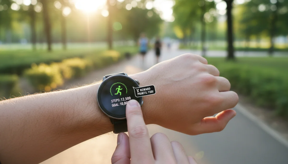 Smartwatch tracking steps for wellness program rewards