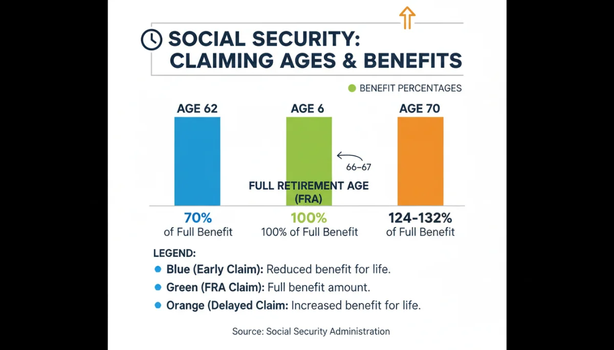 Infographic showing Social Security claiming ages and benefit percentages.