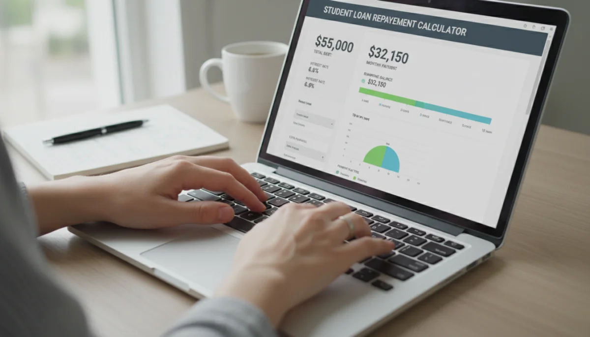 Person using a student loan repayment calculator on a laptop