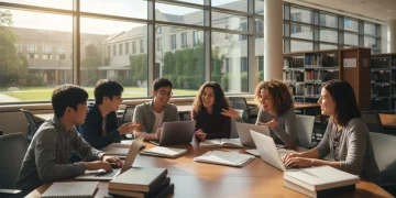 Students collaborating in a university library, discussing education grants