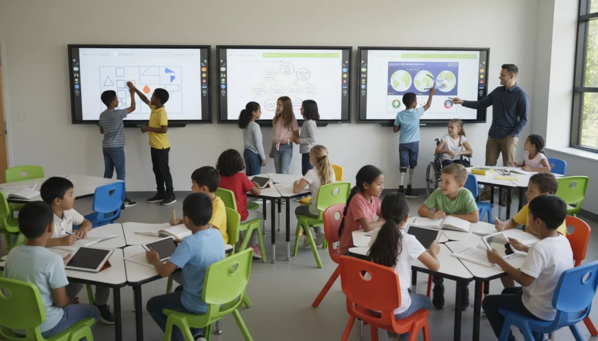 Elementary students engaged in collaborative learning with new curriculum