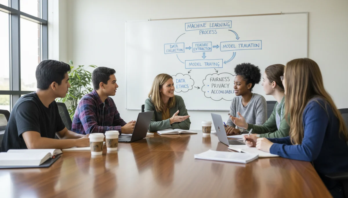 Teacher guiding students in AI ethics discussion