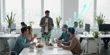 Diverse employees thriving in a modern office, symbolizing improved productivity from health benefits.