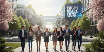 Graduates celebrating on a university campus, symbolizing successful post-graduate employment