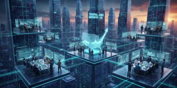 Futuristic digital cityscape with professionals, symbolizing US digital job growth by 2028