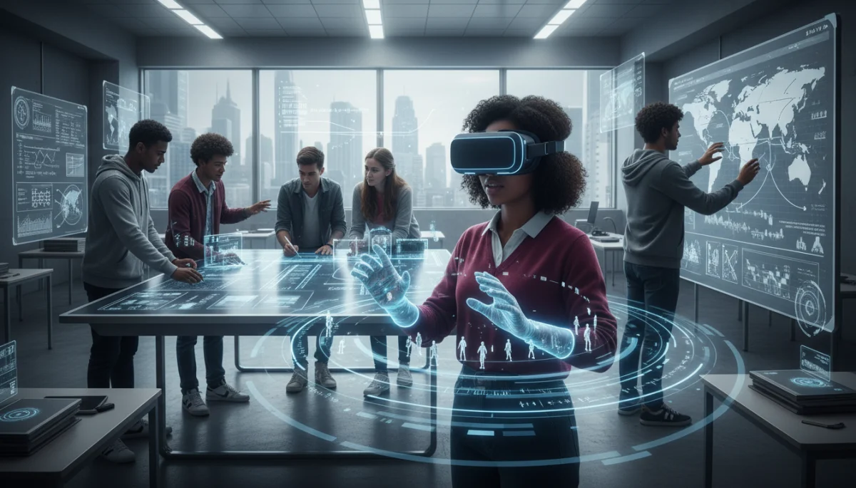 Student in VR headset exploring history, surrounded by peers on interactive whiteboards.